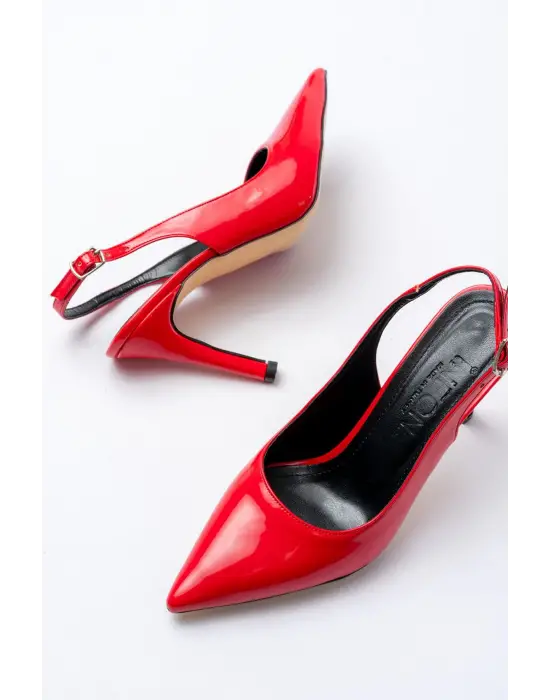 ST-1153 Kırmızı Rugan Günlük Arkası Açık 9 cm Topuklu Kadın Ayakkabı