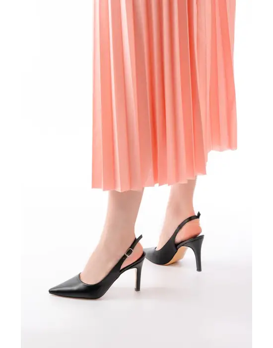 ST-1153 Siyah Günlük Arkası Açık 9 cm Topuklu Kadın Ayakkabı