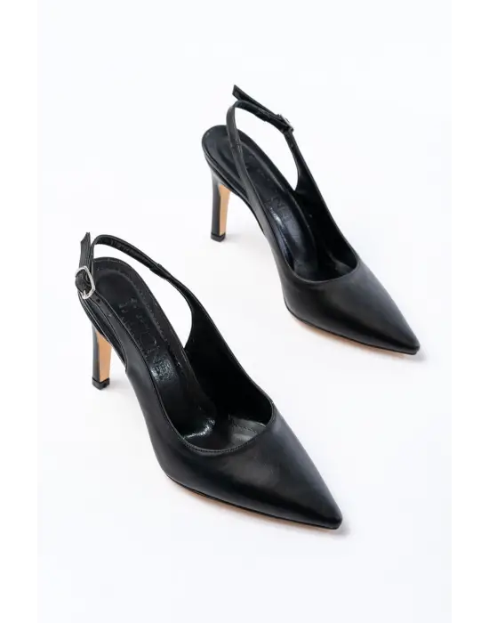 ST-1153 Siyah Günlük Arkası Açık 9 cm Topuklu Kadın Ayakkabı