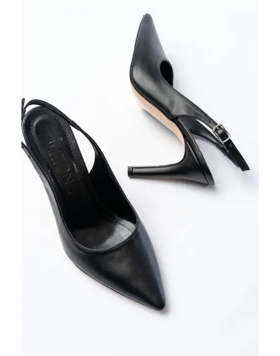 ST-1153 Siyah Günlük Arkası Açık 9 cm Topuklu Kadın Ayakkabı