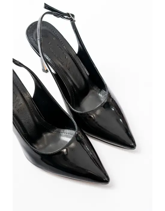 ST-1153 Siyah Rugan Günlük Arkası Açık 9 cm Topuklu Kadın Ayakkabı