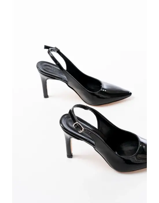 ST-1153 Siyah Rugan Günlük Arkası Açık 9 cm Topuklu Kadın Ayakkabı