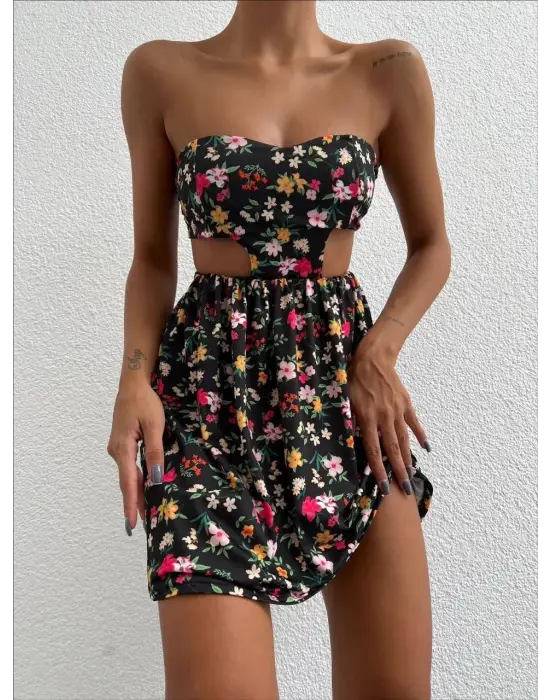 Straplez Elbise Baskılı