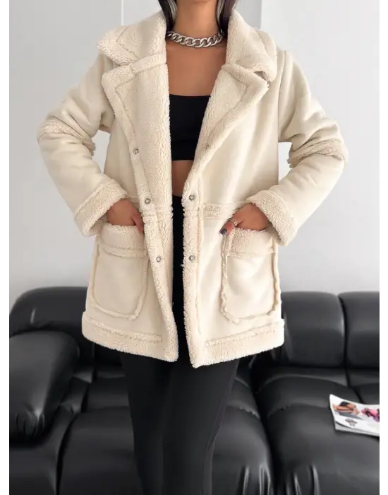 Süet İçi Kuzu Çıtçıtlı Ceket