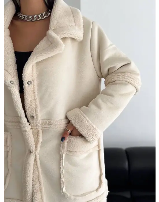 Süet İçi Kuzu Çıtçıtlı Ceket