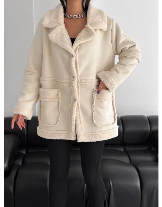 Süet İçi Kuzu Çıtçıtlı Ceket