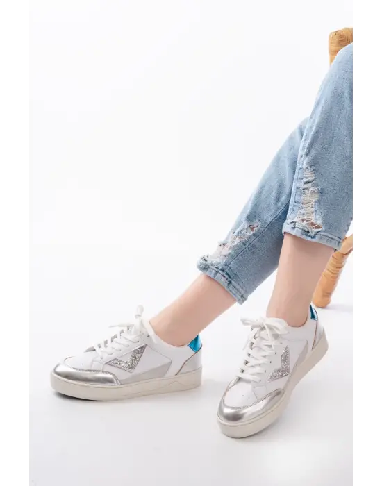 Sv-01 Beyaz Garni Bağcıklı Kadın Spor Ayakkabı