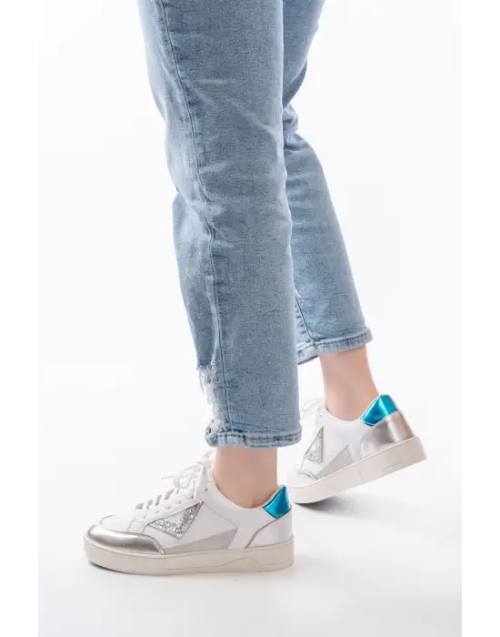 Sv-01 Beyaz Garni Bağcıklı Kadın Spor Ayakkabı