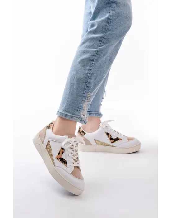 Sv-01 Beyaz Leopar Desenli Bağcıklı Kadın Spor Ayakkabı