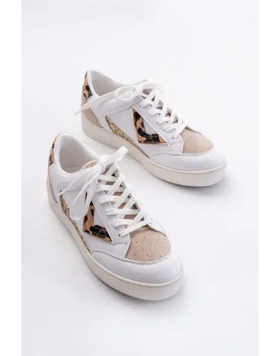 Sv-01 Beyaz Leopar Desenli Bağcıklı Kadın Spor Ayakkabı