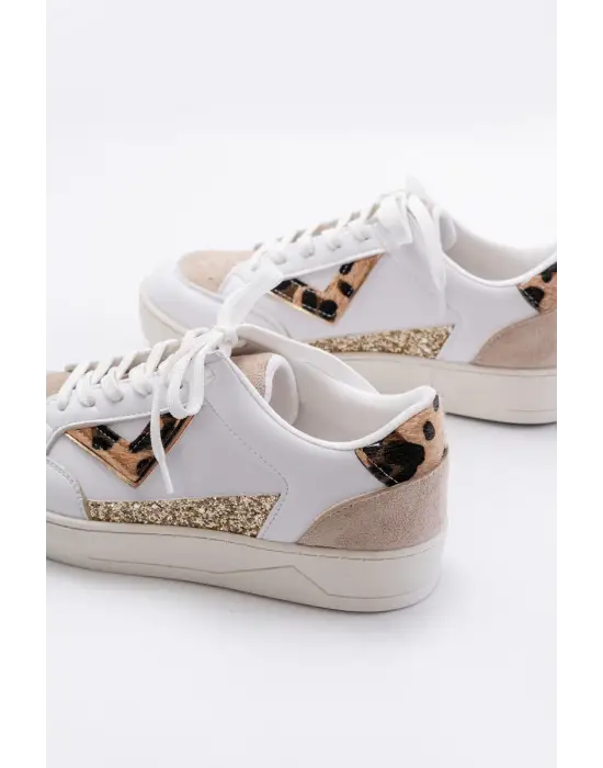 Sv-01 Beyaz Leopar Desenli Bağcıklı Kadın Spor Ayakkabı
