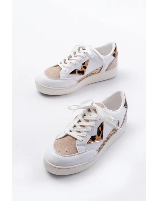 Sv-01 Beyaz Leopar Desenli Bağcıklı Kadın Spor Ayakkabı