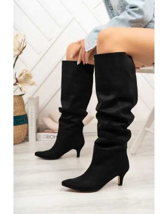 Siyah Süet Körüklü İnce Topuklu Günlük Kadın Çizme