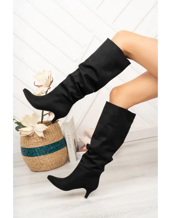 Siyah Süet Körüklü İnce Topuklu Günlük Kadın Çizme