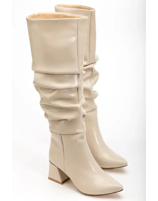 Syt-2002 Bej Kırışık Rugan Körüklü Kalın Topuklu Günlük Bayan Çizme