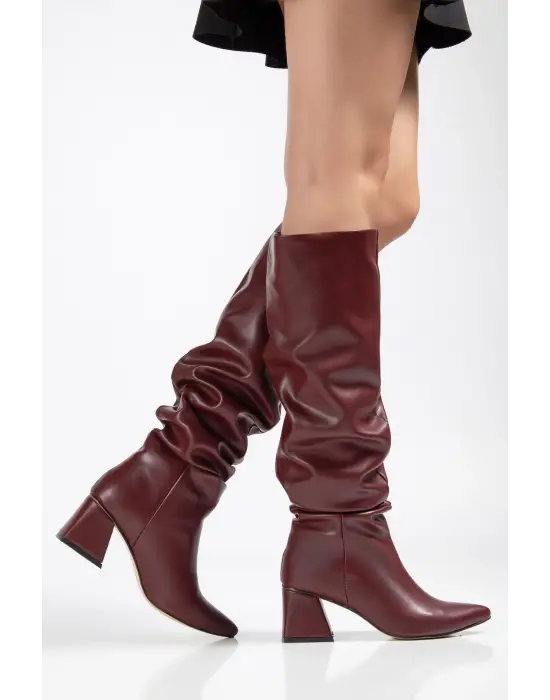 Syt-2002 Bordo Cilt  Körüklü Kalın Topuklu Günlük Bayan Çizme