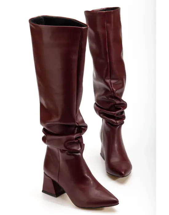 Syt-2002 Bordo Cilt  Körüklü Kalın Topuklu Günlük Bayan Çizme