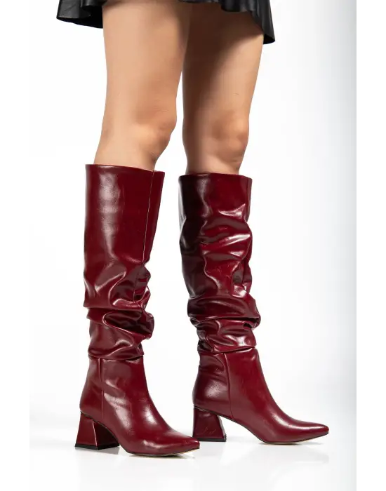 Syt-2002 Bordo Kırışık  Körüklü Kalın Topuklu Günlük Bayan Çizme
