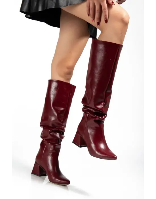 Syt-2002 Bordo Kırışık  Körüklü Kalın Topuklu Günlük Bayan Çizme