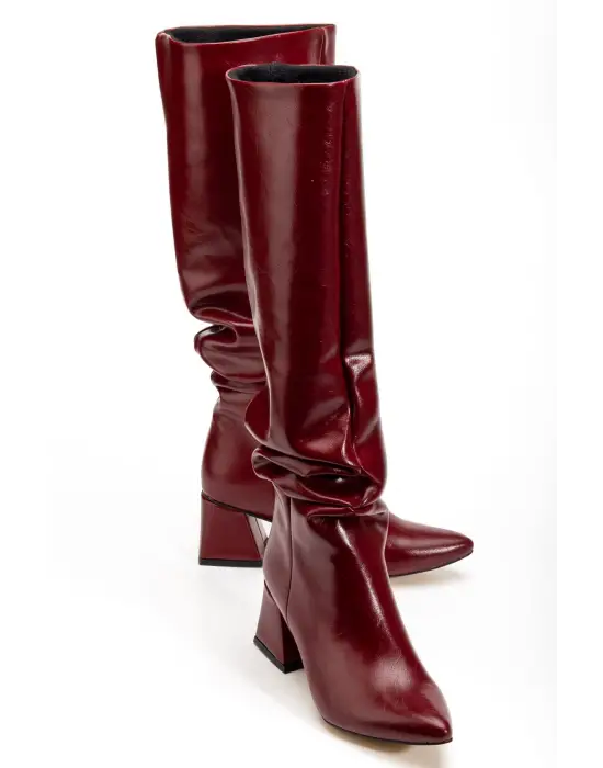 Syt-2002 Bordo Kırışık  Körüklü Kalın Topuklu Günlük Bayan Çizme