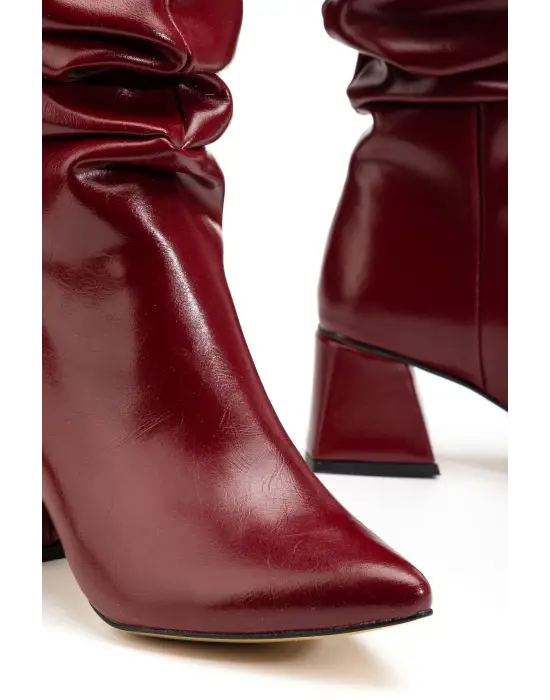 Syt-2002 Bordo Kırışık Rugan Körüklü Kalın Topuklu Günlük Bayan Çizme