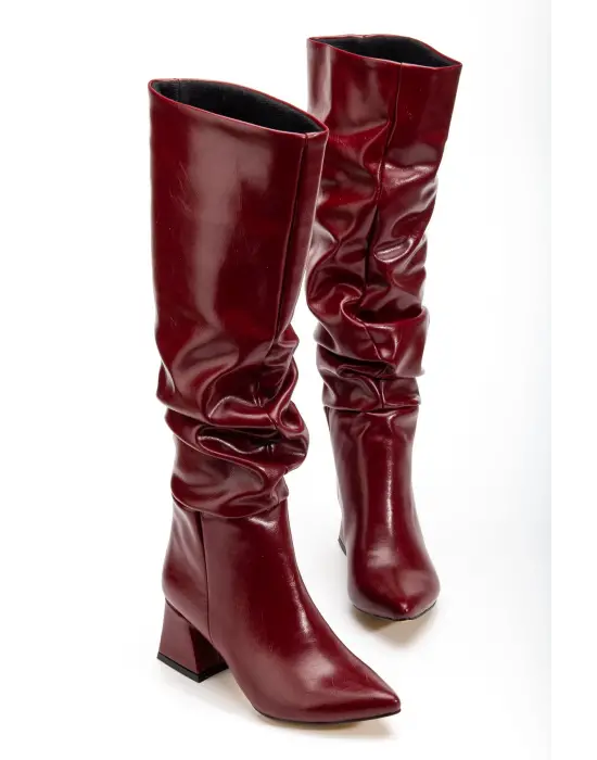 Syt-2002 Bordo Kırışık Rugan Körüklü Kalın Topuklu Günlük Bayan Çizme