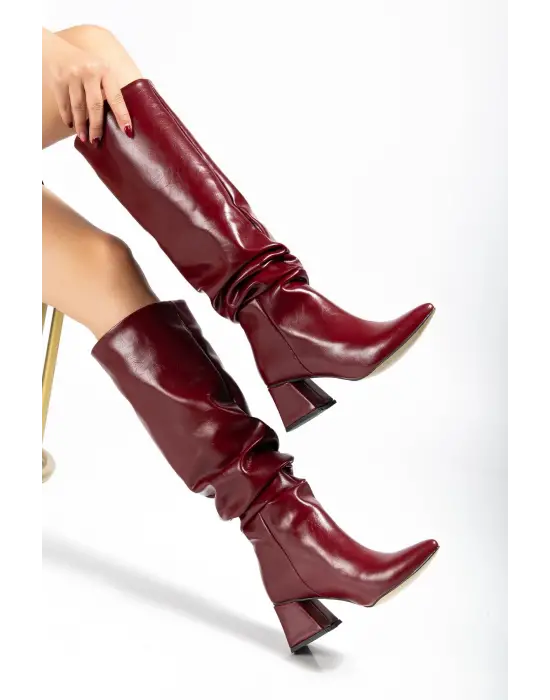 Syt-2002 Bordo Kırışık Rugan Körüklü Kalın Topuklu Günlük Bayan Çizme