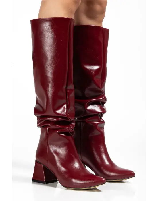 Syt-2002 Bordo Kırışık Rugan Körüklü Kalın Topuklu Günlük Bayan Çizme