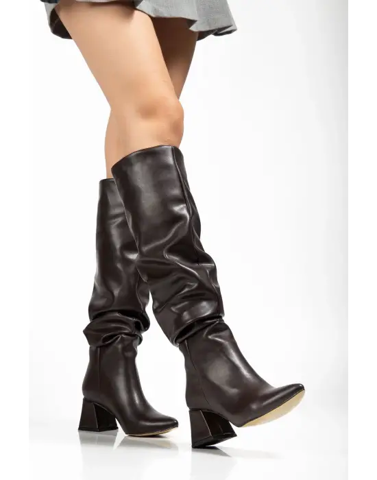 Syt-2002 Kahve Körüklü Kalın Topuklu Günlük Bayan Çizme