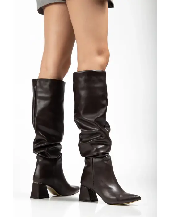 Syt-2002 Kahve Körüklü Kalın Topuklu Günlük Bayan Çizme