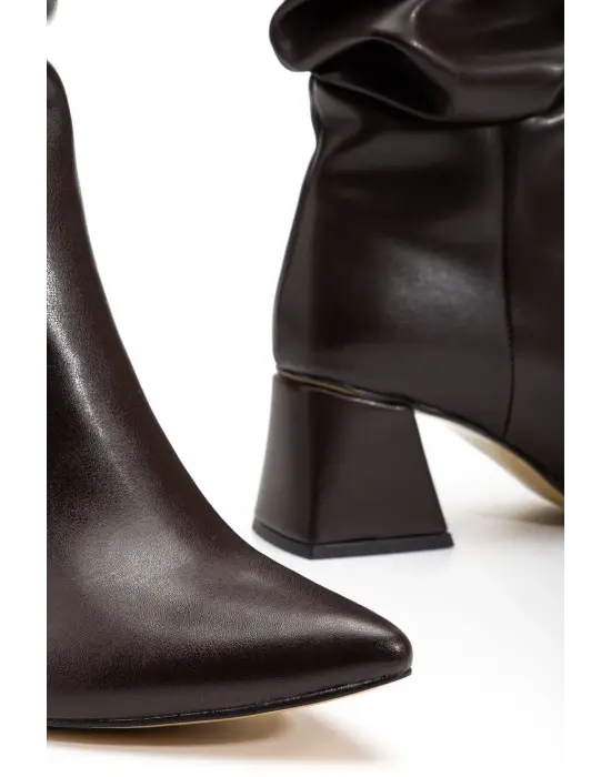 Syt-2002 Kahve Körüklü Kalın Topuklu Günlük Bayan Çizme