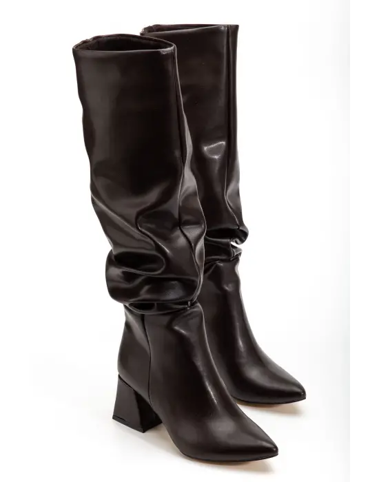 Syt-2002 Kahve Körüklü Kalın Topuklu Günlük Bayan Çizme