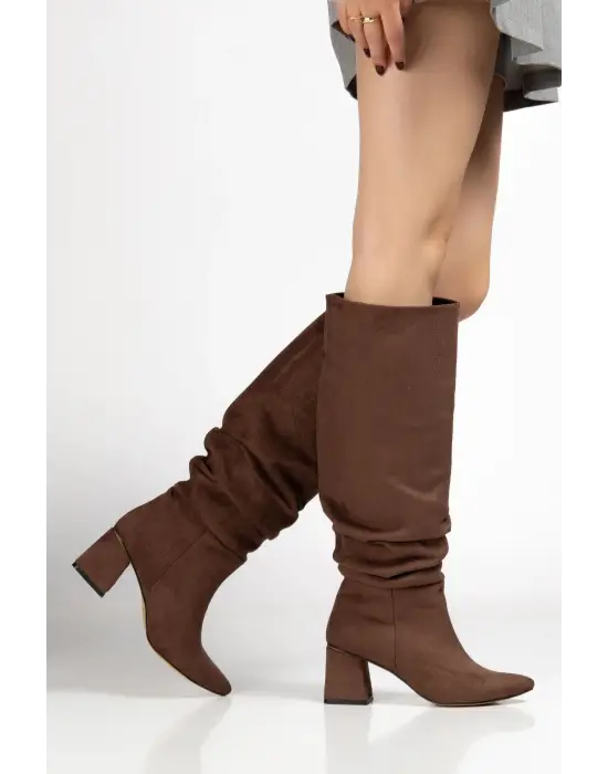Syt-2002 Kahve Süet Körüklü Kalın Topuklu Günlük Bayan Çizme