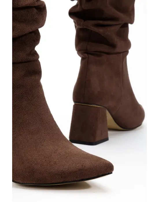 Syt-2002 Kahve Süet Körüklü Kalın Topuklu Günlük Bayan Çizme