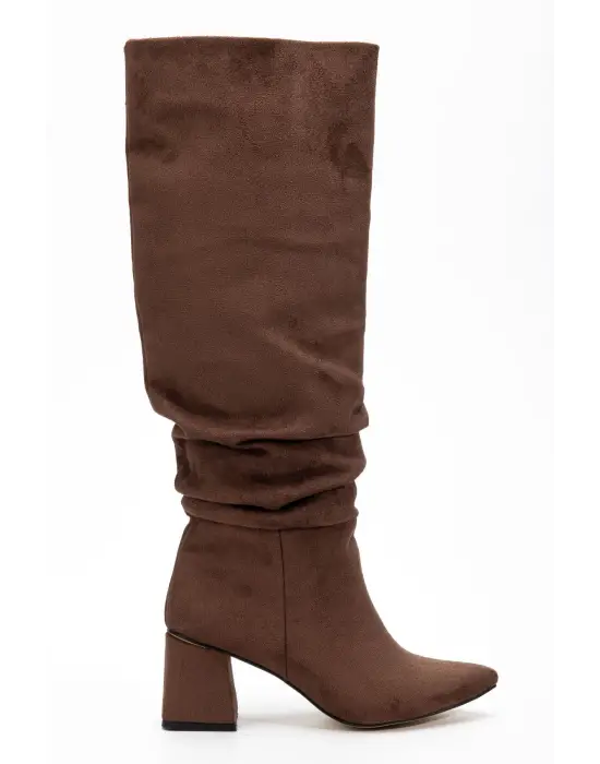 Syt-2002 Kahve Süet Körüklü Kalın Topuklu Günlük Bayan Çizme
