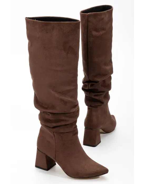 Syt-2002 Kahve Süet Körüklü Kalın Topuklu Günlük Bayan Çizme