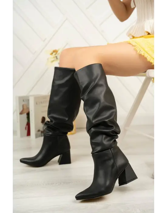 Syt-2002 Siyah Körüklü Kalın Topuklu Günlük Bayan Çizme
