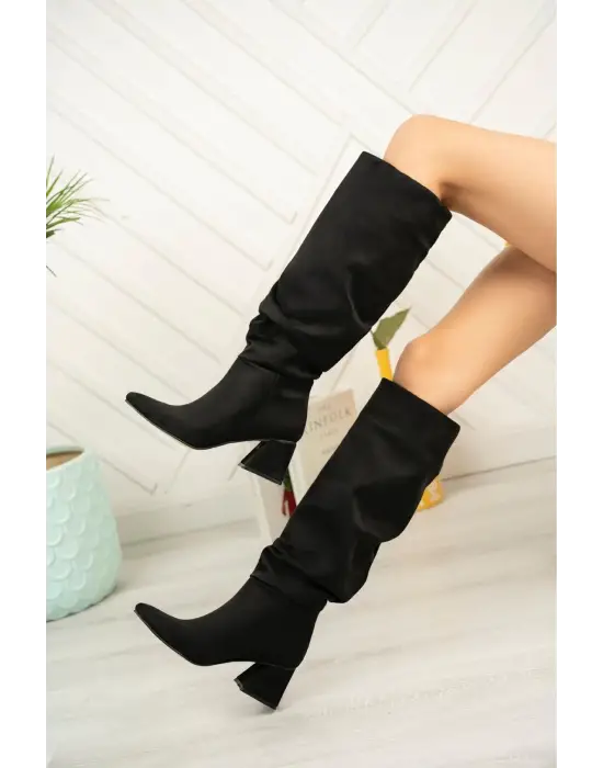 Siyah Süet Körüklü Kalın Topuklu Günlük Kadın Çizme