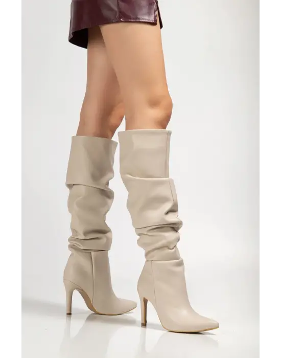 Syt-2003 Bej Körüklü İnce Topuklu Günlük Bayan Çizme