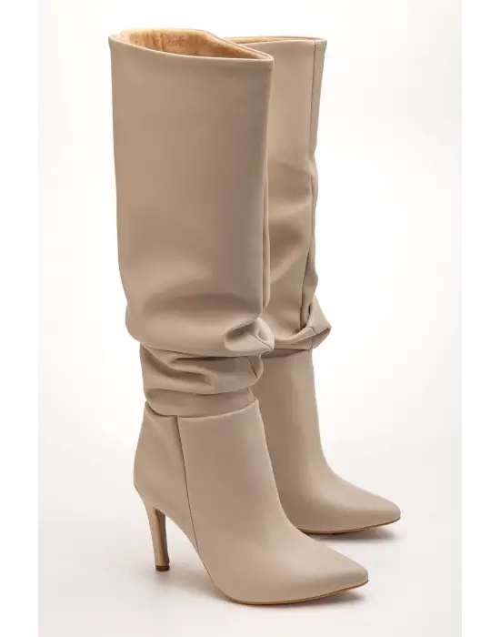 Syt-2003 Bej Körüklü İnce Topuklu Günlük Bayan Çizme