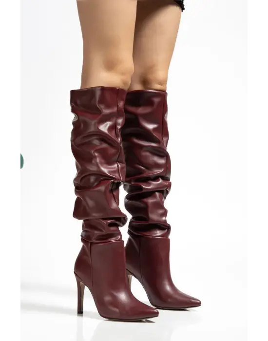 Syt-2003 Bordo Cilt Körüklü İnce Topuklu Günlük Bayan Çizme