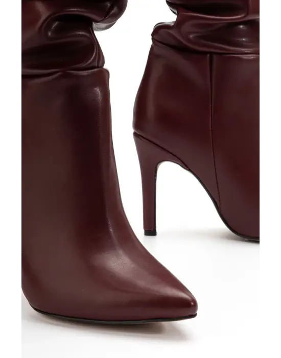 Syt-2003 Bordo Cilt Körüklü İnce Topuklu Günlük Bayan Çizme