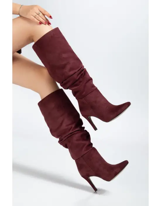 Syt-2003 Bordo Süet Körüklü İnce Topuklu Günlük Bayan Çizme