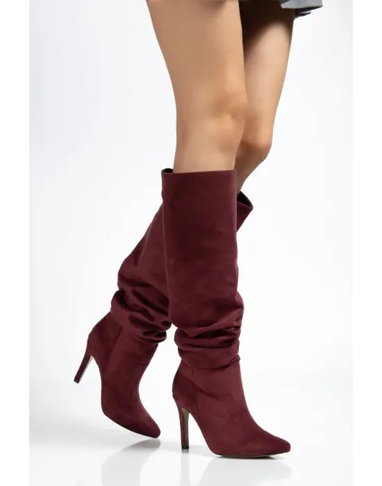 Syt-2003 Bordo Süet Körüklü İnce Topuklu Günlük Bayan Çizme
