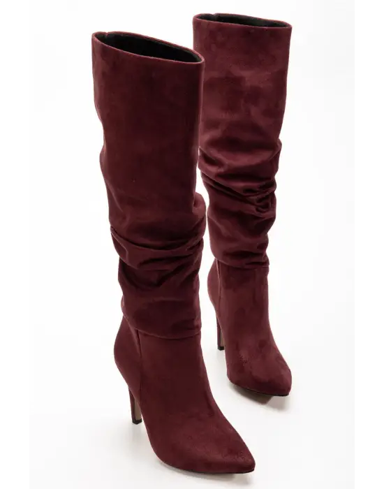 Syt-2003 Bordo Süet Körüklü İnce Topuklu Günlük Bayan Çizme