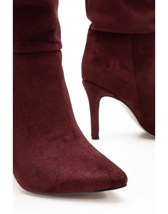 Syt-2003 Bordo Süet Körüklü İnce Topuklu Günlük Bayan Çizme