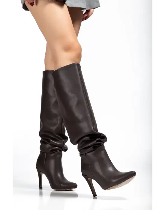 Syt-2003 Kahve Körüklü İnce Topuklu Günlük Bayan Çizme