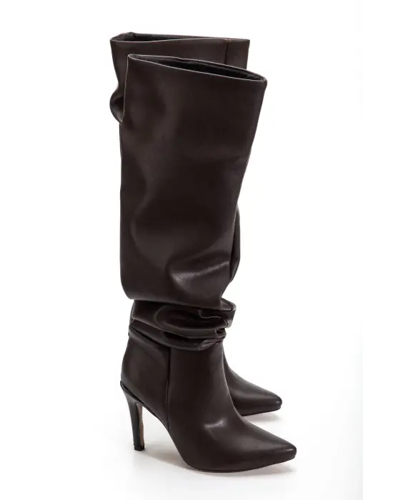 Syt-2003 Kahve Körüklü İnce Topuklu Günlük Bayan Çizme