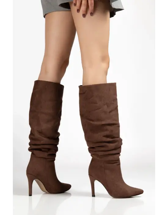 Syt-2003 Kahve Süet Körüklü İnce Topuklu Günlük Bayan Çizme