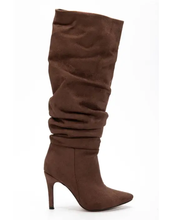 Syt-2003 Kahve Süet Körüklü İnce Topuklu Günlük Bayan Çizme